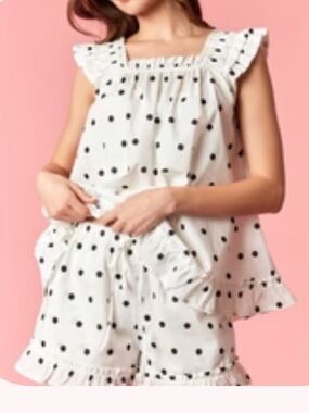 Polka Dot Ruffle Sleep Set - White with Black Dots